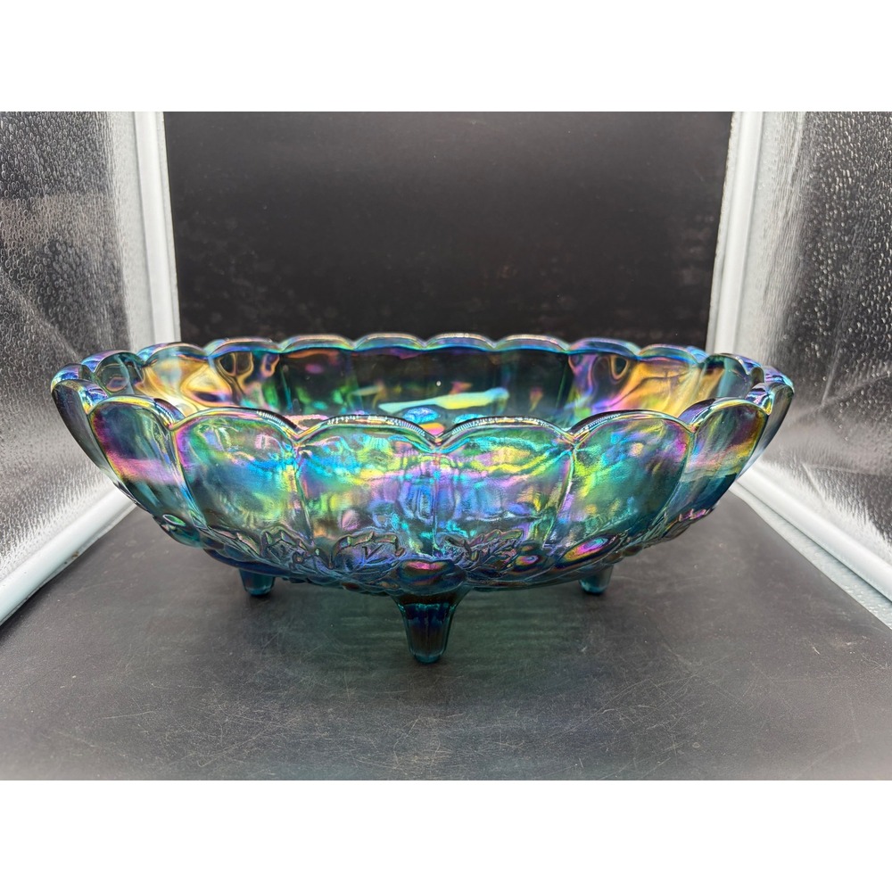 Vintage Indiana Glass Harvest Grape Blue Carnival Glass Footed Oval Bowl 12.5in